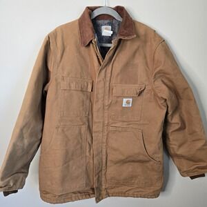 VTG Carhartt Chore Coat Blanket Lined Mens Est M Medium Jacket Collar Brown Tan